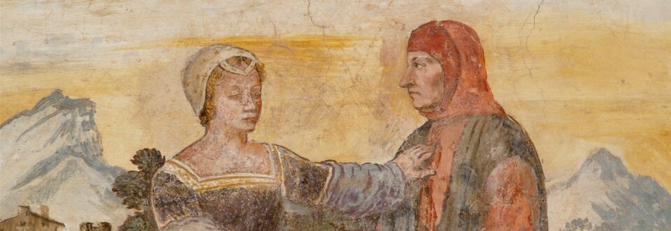 Obraz przedstawia kobietę i mężczyznę. Kobieta stoi po lewej stronie, ma zamknięte oczy i dotyka ręką mężczyznę po prawej stronie. Mężczyzna ma opuszczone ręce i patrzy na kobietę. W tle obrazu znajduje się górski krajobraz.