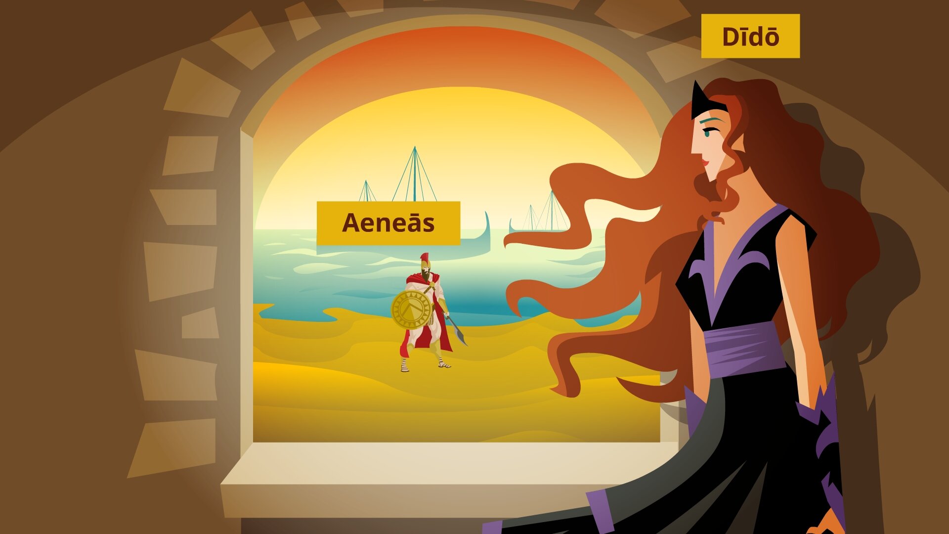 Ilustracja przedstawia Eneasza stojącego w zbroi na plaży. Przez okno spogląda na niego Dydona.