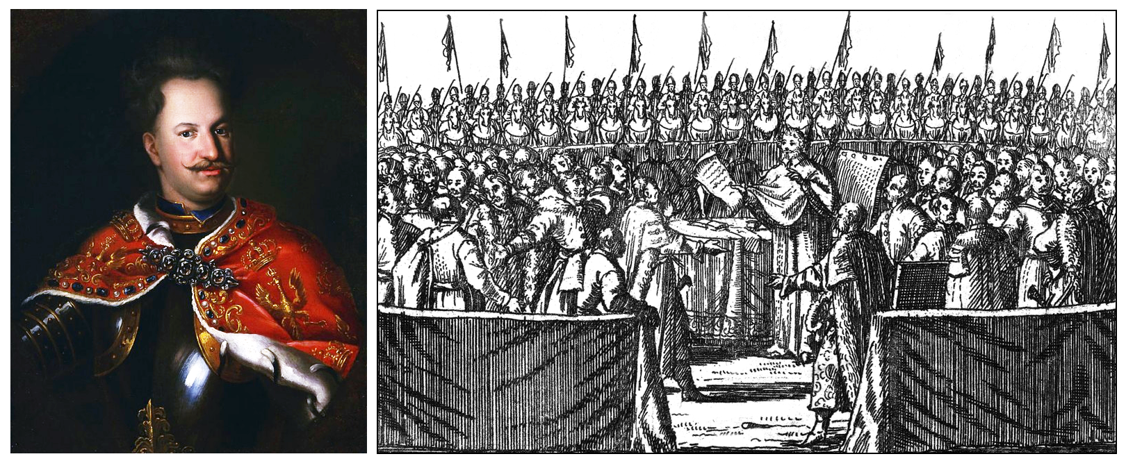 Kliknij, aby powiększyć. Na lewo odbitka drzeworytnicza obrazująca elekcję Stanisława Leszczyńskiego. W kole zgromadzona jest szlachta. Na środku przy stole stoi biskup poznański Mikołaj Święcicki, ubrany w strój biskupi, w prawej dłoni trzyma dokument. Wokół szlachty, za okopem stoi wojsko szwedzkie. Na prawo portret króla Stanisława Leszczyńskiego. Na zbroję ma zarzucony płaszcz koronacyjnymi z narodowymi symbolami. Król jest mężczyzną w sile wieku, z wąsem i zakolami łysiny na głowie.