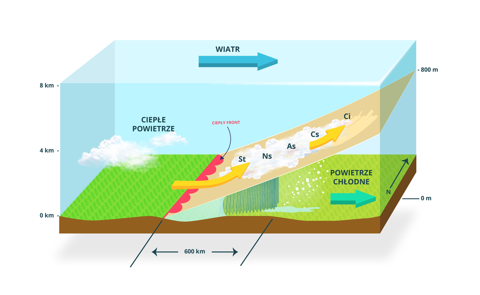 Na ilustracji znajduje się prostopadłościan, w którym  zobrazowano strefę frontu ciepłego. Na górze ilustracji znajduje się strzałka skierowana w prawą stronę podpisana “wiatr”.  Od dołu ilustracji wznosi się pod kątem ostrym prostokątna powierzchnia od wysokości płaskiej podstawy, czyli 0 metrów, do wysokości 800 metrów. Na powierzchni pochyłej oznaczono formacje chmur w kolejności, licząc od najniżej położonej: ST, NS, AS, CS, CI. Miejsce z którego wznosi się ta prostokątna powierzchnia oznaczona jest jako ciepły front.  Przed nim znajduje się ciepłe powietrze, natomiast pod pochylona powierzchnią zaznaczono powietrze chłodne, ukierunkowane w prawą stronę, zgodnie z kierunkiem wiatru. Pod pochyloną powierzchnią, od miejsca zetknięcia z płaską podstawą, na obszarze oznaczonym jako 600 kilometrów, zaznaczono deszcz i inne opady.