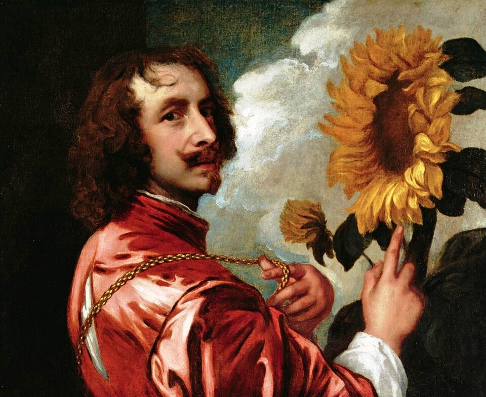 Obraz przedstawia autoportret van Dycka ze słonecznikiem. Artysta stoi odwrócony bokiem i spogląda na widza. Prawą ręką wskazuje wielki kwiat słonecznika dorastający do wysokości jego twarzy, lewą unosi lekko złoty łańcuch przewieszony przez ramię. Mężczyzna ubrany jest w połyskującą czerwoną bluzę, za nim znajduje się niebo, które z ciemności przechodzi w jasne obłoki.