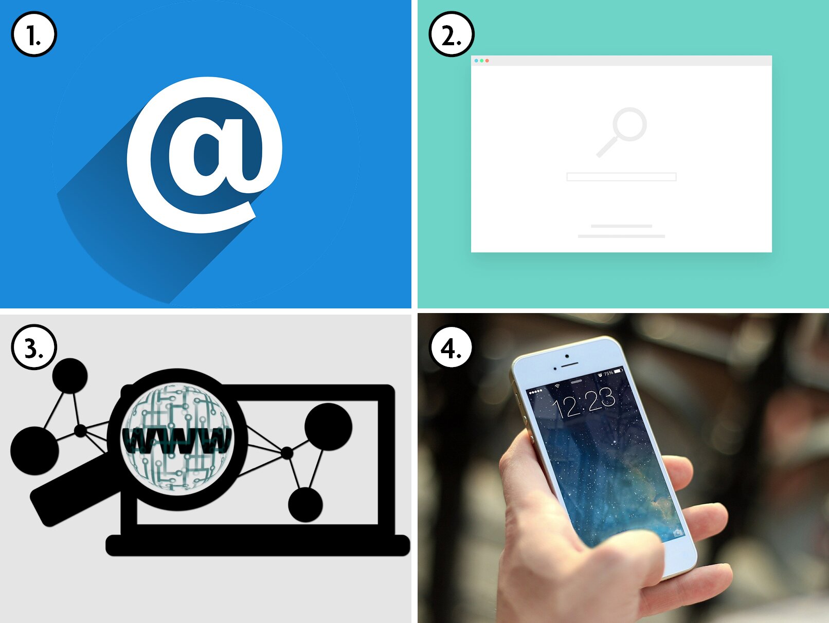 Na ilustracji widoczne są cztery elementy. Pierwszy to rysunek małpy w białych konturach na niebieskim tle, będący symbolem. Drugi element to pasek wyszukiwania oraz rysunek lupy. Trzeci element to glob z napisem WWW, umieszczony na ekranie komputera. Ostatni element to zdjęcie smartfonu trzymanego w dłoni osoby. Ekran jest aktywny, widoczna jest godzina