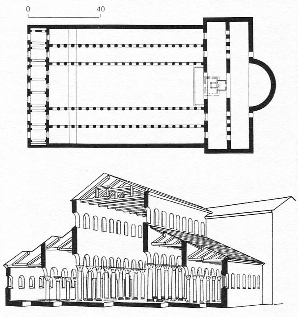 Schemat architektoniczny wczesnochrześcijańskiej bazyliki: u góry rzut poziomy z długą nawą główną, nawami bocznymi i półkolistą absydą, u dołu przekrój perspektywiczny pokazujący układ kolumn, arkad, okien i drewnianej konstrukcji dachu.