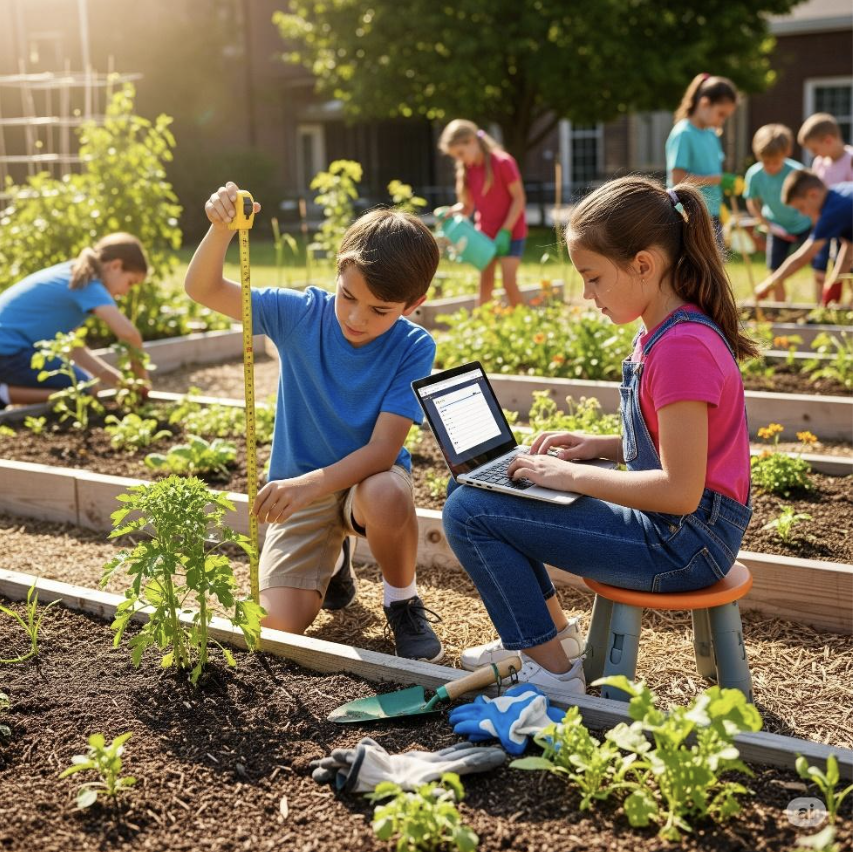 Dzieci w ogródku realizują zadania z poleceń 2 i 3: chłopiec mierzy roślinę miarką, dziewczynka siedząca na stołku zapisuje wyniki na laptopie, w tle inne dzieci także prowadzą pomiary.