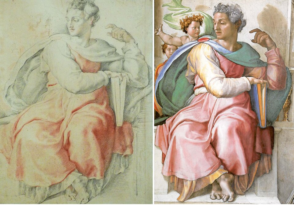 Ilustracja o kształcie poziomego prostokąta przedstawia dwa pionowe obrazy. Po lewej znajduje się dzieło Petera Paula Rubensa „Izajasz” inspirowane freskiem Michała Anioła. Ukazuje siedzącego mężczyznę, ubranego w luźną, długą, czerwoną suknię, na którą ma narzucony zielony płaszcz. Głowę obraca w lewą stronę. Lewą rękę unosi do góry, prawa oparta jest na księdze, a stopy są skrzyżowane. Ilustracja namalowana jest w pastelowych kolorach. Drugi obraz przedstawia fragment fresku Michała Anioła Buonarottiego „Izajasz”. Ukazuje siedzącego mężczyznę, ubranego w luźną, długą, czerwoną suknię, na którą ma narzucony zielono‑niebieski płaszcz. Głowę obraca w lewą stronę. Lewą rękę unosi do góry, prawa oparta jest na księdze, a stopy są skrzyżowane. Po lewej stronie za mężczyzną znajdują się dwa kupidyny, z wieńcami na głowach. Mężczyzna siedzi na marmurowym murku. Ilustracja jest w intensywnych barwach, z wyraźnym konturem.