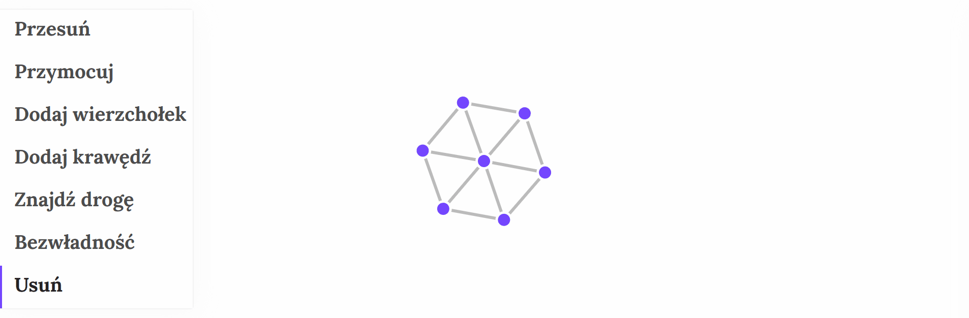 Animacja prezentuje właściwości opcji: Usuń.  Po kliknięciu w krawędź jest ona usuwana, po kliknięciu w węzeł jest on usuwany oraz krawędzie łączące go z innymi węzłami.