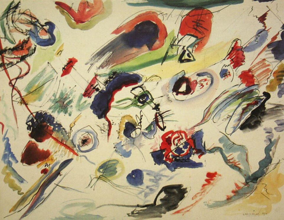 Ilustracja przedstawia obraz Wasyla Kandinsky’ego „Pierwsza akwarela abstrakcyjna”. Ukazuje abstrakcyjną pracę złożoną z plam i linii, swobodnie rozmieszczonych, o różnej wielkości. Plamy sprawiają wrażenie dynamicznych, delikatnych. Ich układ jest luźny, ale można spostrzec, że sprawiają wrażenie kierunku z lewego dolnego do prawego rogu. Tło jest jasne, kremowe, a plamy są wykonane w różnych odcieniach i barwach.