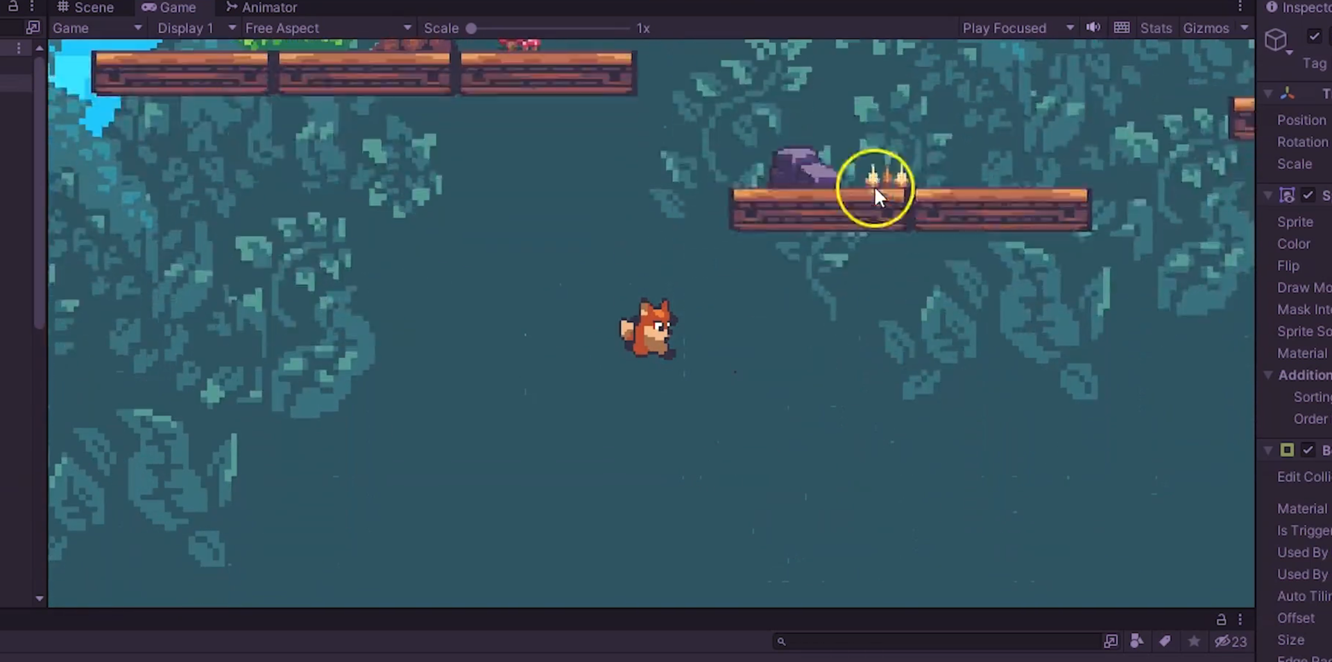 Ilustracja przedstawia program do tworzenia gier Unity Hub.   W okienku programu widoczna jest grafika gry platformowej. U góry ekranu widoczne są trzy platformy połączone razem po której przemieszcza się gracz. Niżej z prawej strony widoczne są dwie takie same połączone platformy. Na niżej połączonych platformach widoczne jest żółte kółko. Po środku widoczna jest postać z gry.