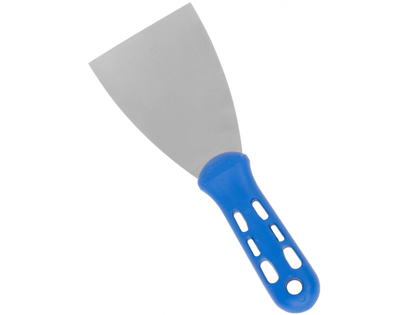 Zdjęcie przedstawia szpachelkę. Narzędzie ma postać niewielkiej metalowej płytki osadzonej na ergonomicznym uchwycie.