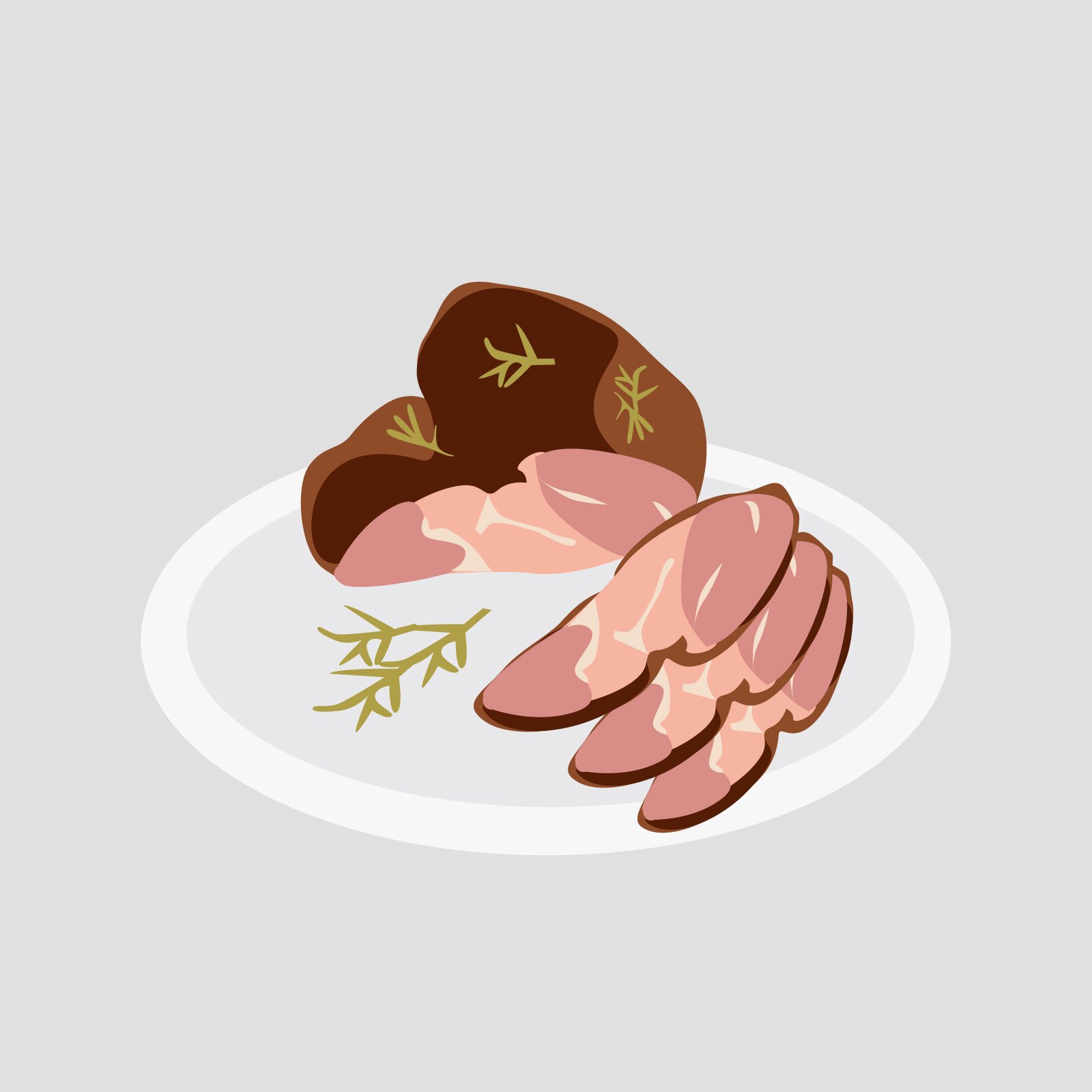 Ilustracja przedstawia talerz, na którym znajduje się szynka. Jest to duży kawałek mięsa, przy którym leży kilka odkrojonych od niego plasterków.