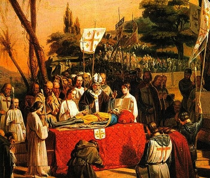 Obraz przedstawia pogrzeb Gotfryda z  Bouillon. Leży on martwy na podwyższeniu okrytym czerwonym materiałem. Jest ubrany w zbroje i żółte szaty. Nad nim stoją liczni duchowni, ministranci i żołnierze. Niektórzy z nich klęczą. W oddali znajduje się ogromny tłum znad którego wystają liczne chorągwie królestwa Jerozolimskiego. 