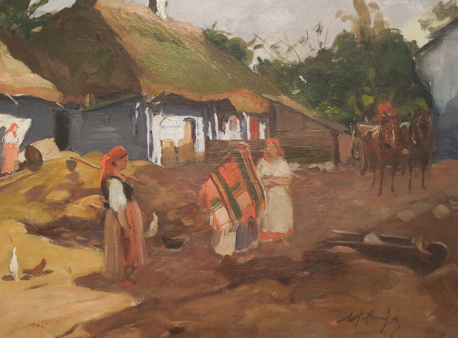 Ilustracja ukazuje trzy kobiety na podwórzu przed chatą. Ubrane są w regionalne stroje. Na głowach mają chusty i przewiązane są fartuchami. Po prawej stronie leży taczka, w dali stoi wóz zaprzężony w konie. Po podwórzu biegają kury. Chata jest malowana na biało i kryta strzechą.