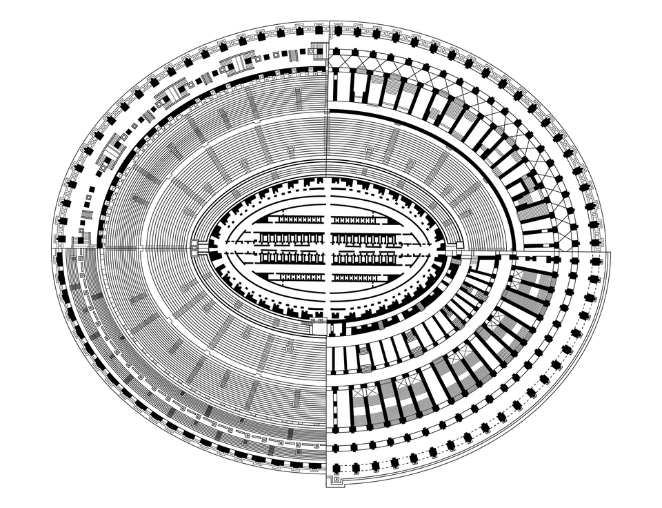 Plan Koloseum, schemat amfiteatru, widok z góry, ma kształt elipsy, na której zaznaczono wiele elementów architektury amfiteatru. Rysunek wykonany czarną kreską i szarymi elementami na jasnym tle.