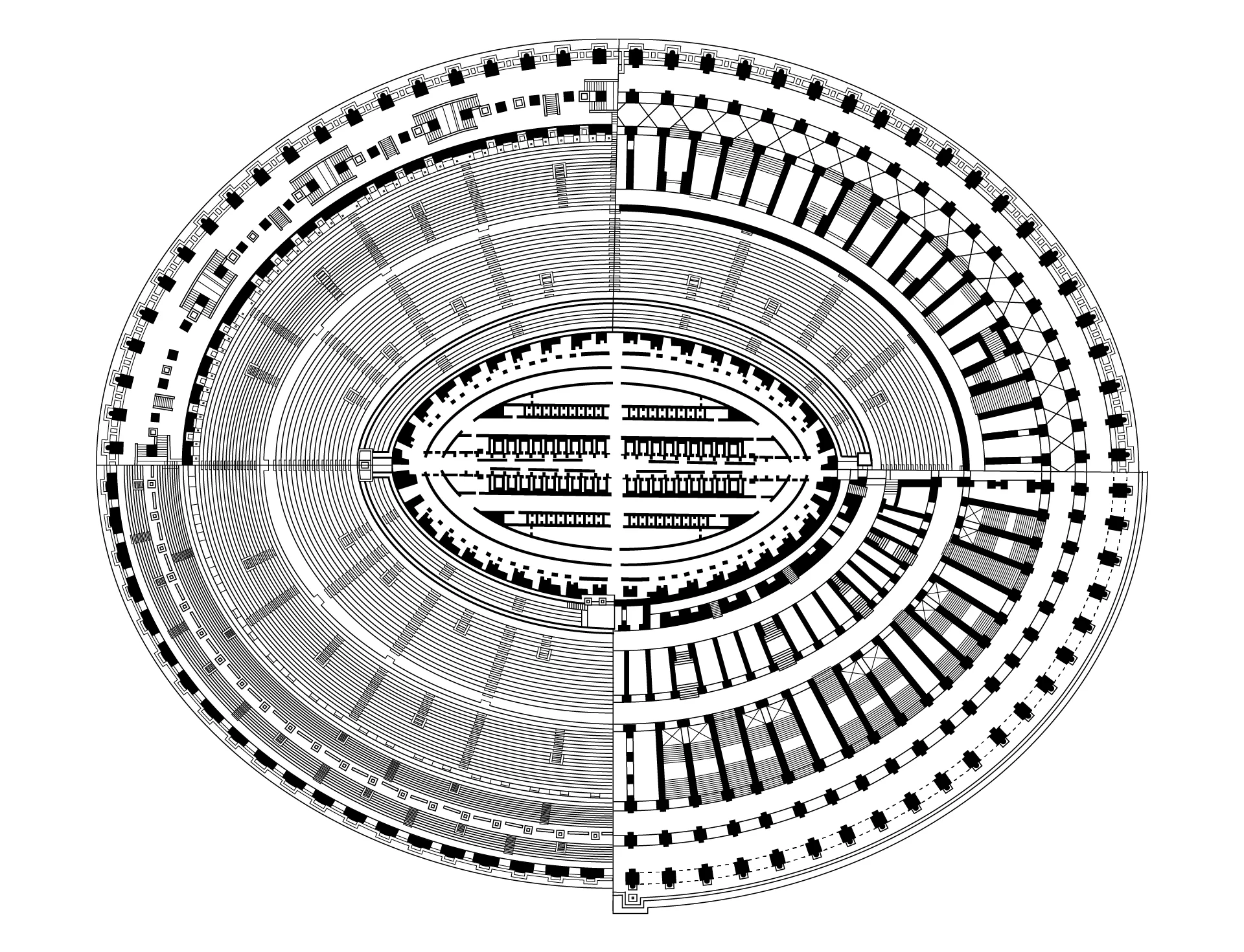 Plan Koloseum, schemat amfiteatru, widok z góry, ma kształt elipsy, na której zaznaczono wiele elementów architektury amfiteatru. Rysunek wykonany czarną kreską i szarymi elementami na jasnym tle.