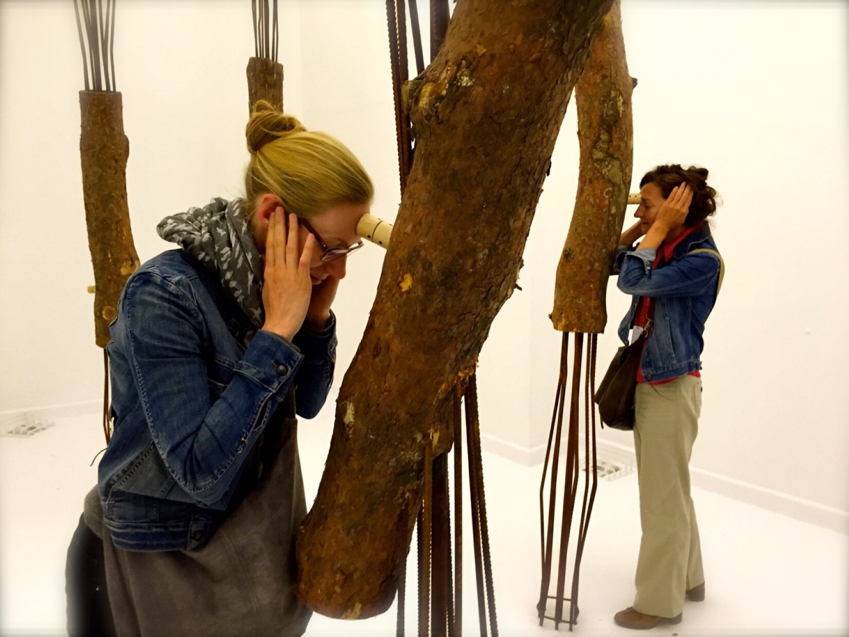 Na fotografii znajduje się kilka pni drzewa, z których wystają na górze i na dole grube, metalowe pręty. Przy każdym pniu znajduje się krótki kawałek jasnego drewna, w którym jest kilka małych, okrągłych otworów. Kawałek ten jest ustawiony prostopadle do pnia. Przy dwóch pniach stoją 2 kobiety. Pierwsza z nich ma upięte w koka blond włosy i czarne oprawki okularów. Na szyi ma szarą chustkę w białe wzory. Ubrana jest w niebieską jeansową [czytaj: dżinsową] kurtkę i czarne spodnie. Przez lewe ramię ma przewieszoną szarą torebkę. Dłońmi zatyka uszy. Druga kobieta ma ciemne włosy, upięte z tyłu. Ubrana jest w czerwoną koszulę, niebieską jeansową [czytaj: dżinsową] kurtkę, beżowe spodnie i buty. Przez lewe ramię ma przewieszoną brązową torebkę. Jej dłonie zasłaniają uszy. Obie kobiety dotykają czołem krótkich kawałków jasnego drewna, które wystają z pni. Kobiety znajdują się w jasnym pomieszczeniu.