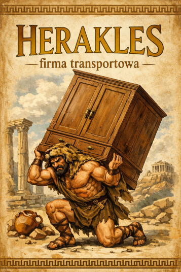 Grafika przedstawia silnego mężczyznę dźwigającego na plecach dużą szafę. Mężczyzna ma wyraźnie zarysowane mięśnie. Ubrany jest w krótką szatę zawiązaną na jednym ramieniu; na głowie ma skórę lwa, na nogach wysoko wiązane sandały. Tło stanowi zabudowa antyczna. 