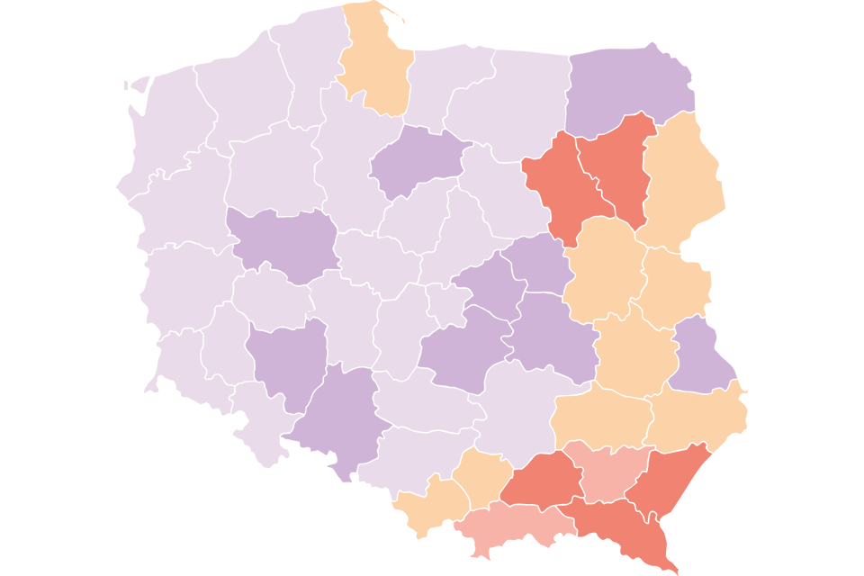 Referendum w Polsce w 1997 r. w sprawie przyjęcia nowej konstytucji, wyniki w województwach. Kolor fioletowy – procent odpowiedzi „tak” powyżej 50% (jasnofioletowy – powyżej 50%, ciemnofioletowy – powyżej 60%), kolory żółty i pomarańczowy – procent odpowiedzi „nie” powyżej 50% (żółty – powyżej 50%, ciemnopomarańczowy – powyżej 60%, jasnopomarańczowy – powyżej 70%).