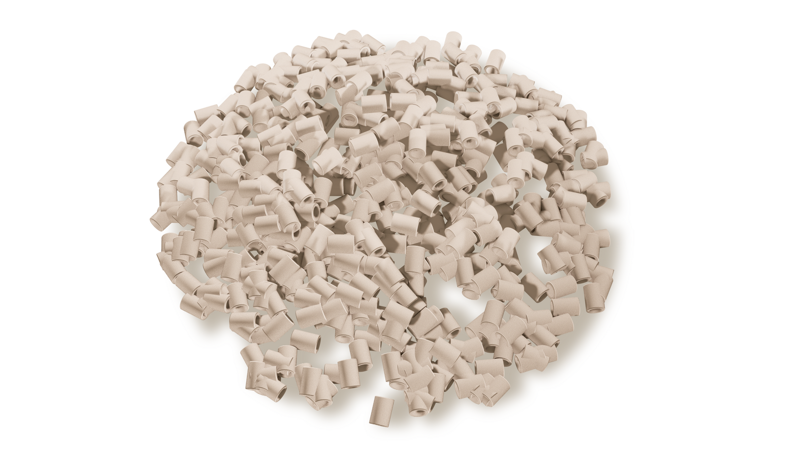 Na ilustracji znajdują Na zdjęciu przedstawiono pierścienie Raschiga. Pierścien Raschiga jest to rodzaj wypełnienia kształtkowego wymienników masy, np. kolumna rektyfikacyjna lub kolumna absorpcyjna.Widoczne na zdjęcie elementy są w kształcie krótkich rurek. Rurki mają grubą ścianę. Pierścienie leżą obok siebie tworząc niewielki stos.