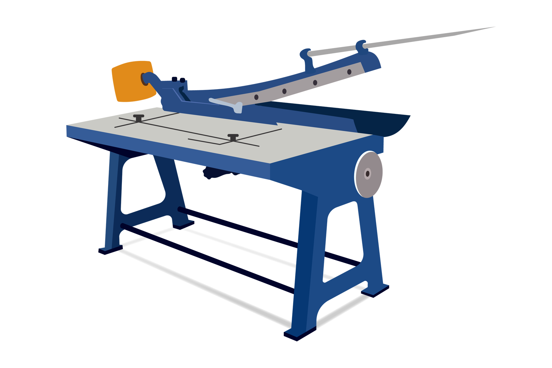 Grafika przedstawia ręczne nożyce gilotynowe. Urządzenie składa się ze stolika i z nożyc. Nożyce znajdują się na krawędzi stolika. Nożyce podnosi się ręcznie do góry i opuszcza w dół, aby ciąć. Są one połączone ze stolikiem jednym końcem.
