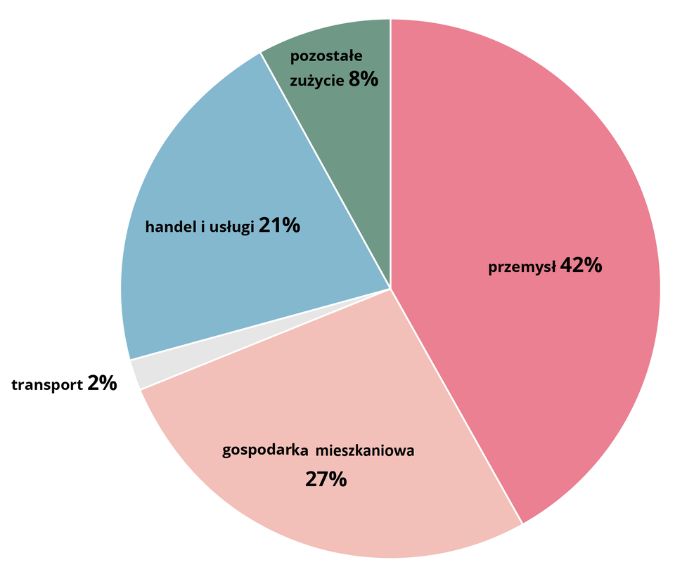 Wykres kołowy przedstawia zużycie energii elektrycznej w poszczególnych działach gospodarki na świecie w 2022 roku. Według niego gospodarka mieszkaniowa pochłonęła 27% gospodarki na świecie w 2019 roku, transport 2%, handel i sługi 21%, przemysł 42%, a pozostałe zużycie wyniosło 8%. 