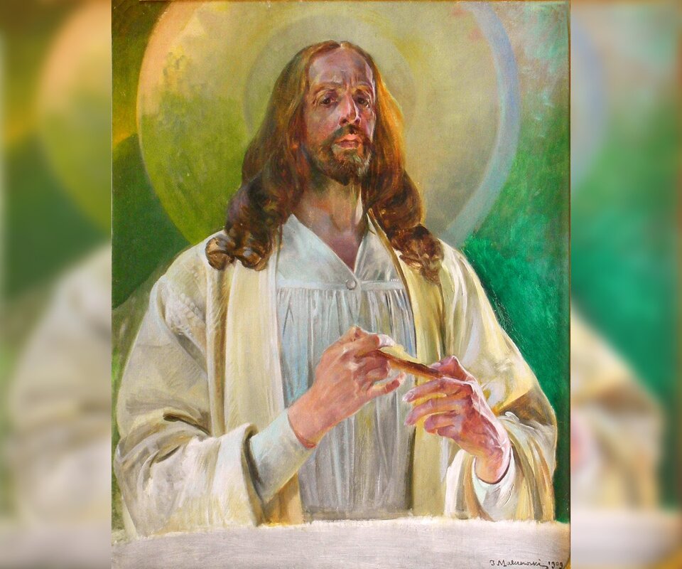 Obraz przedstawia mężczyznę w białych szatach, trzymającego coś w dłoniach przed sobą. Mężczyzna ma długie włosy opadające na ramiona, wąsy i brodę. Nad głową widoczna jest jaśniejąca aureola.