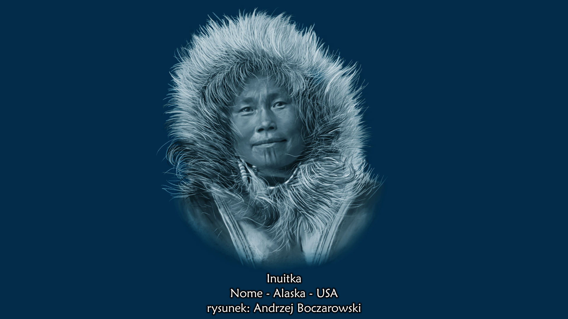 Ilustracja prezentuje portret Inuitki. Jest to, kobieta o okrągłej płaskiej twarzy, małych szparach ocznych i małym nosie. Kobieta ubrana jest w kurtkę z futrzanym kapturem.