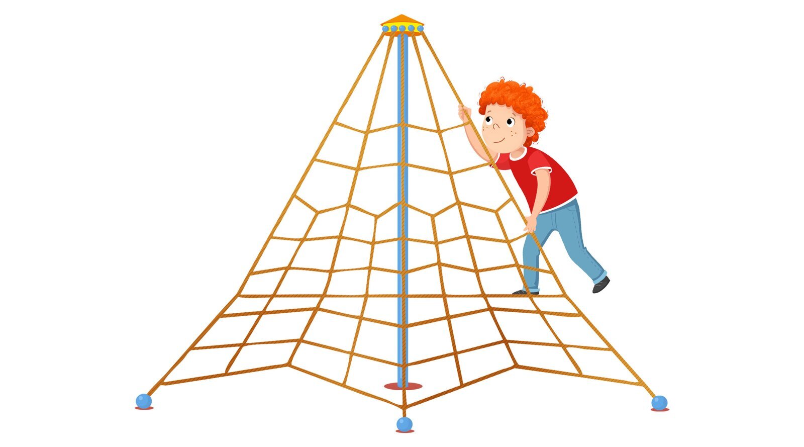 Ilustracja przedstawia chłopca wspinającego się w górę po atrakcji składającej się z siatki.