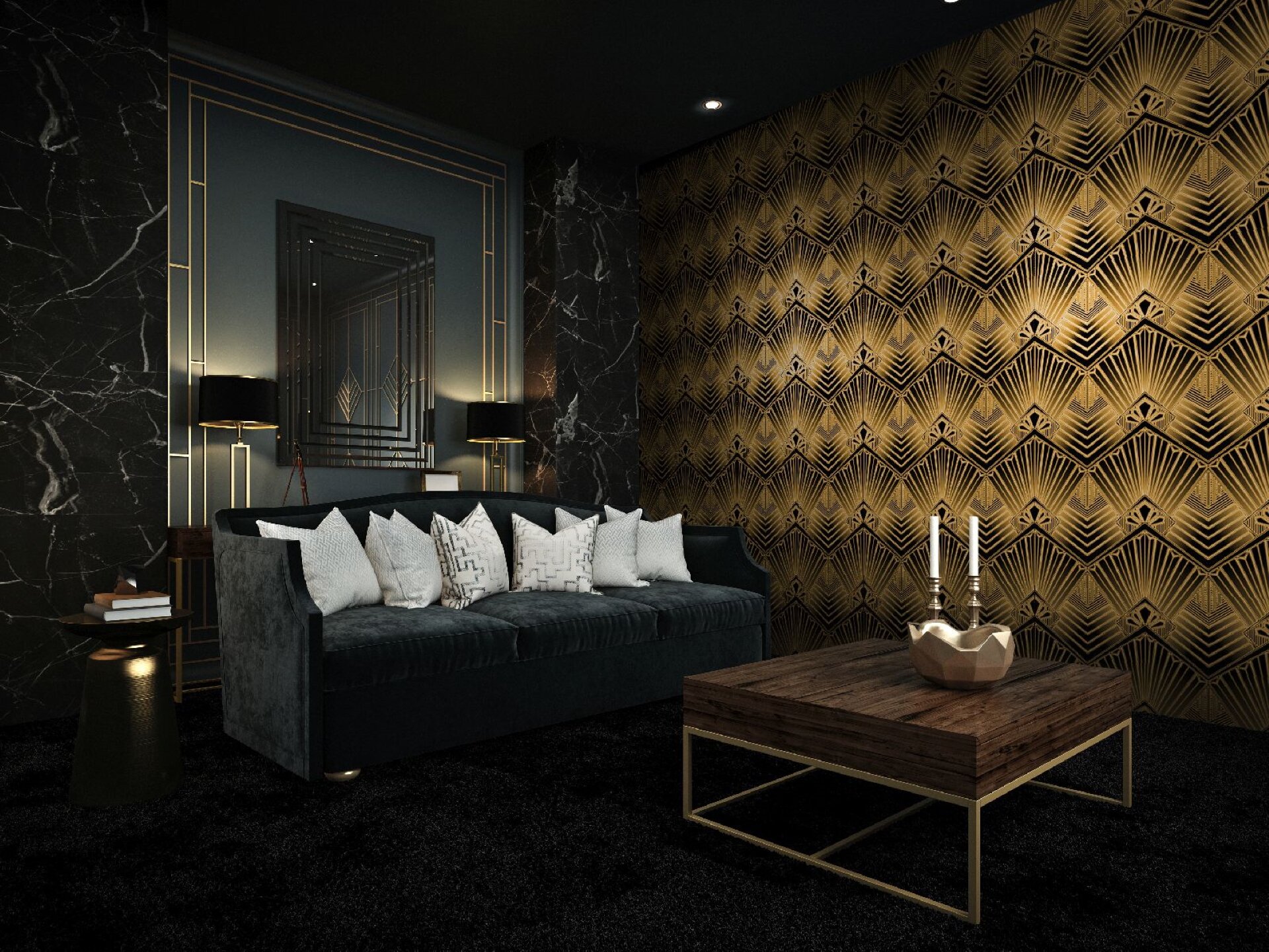 Na obrazie widać pokój w którym przeważa czarny kolor. Lewa ściana pokoju jest obłożona czarnym granitem, prawa ściana jest zaś obłożona żółtą tapetą z egzotycznym wzorem, który przypomina powielony, rozłożony wachlarz. Na lewej ścianie pomiędzy granitowymi ściankami widać granitową ścianę, ze złotym obramowaniem. W centrum ściany widać lustro, w którym odbijają się czarne drewniane drzwi ze złotymi akcentami. Na krawędziach tej ściany znajdują się dwie lamy z czarnymi kloszami. Przed ścianą leży wielka czarna sofa, na której znajduje się 6 białych poduszek. Po lewej stronie sofy widać złoty stolik, Podstawa stolika przypomina dzwon. Na stoliku znajdują się dwie książki. Przed sofą widać drewniany stół. Nogi stołu są złote. Na stole znajduje się geometryczna miska z dwoma świecznikami.