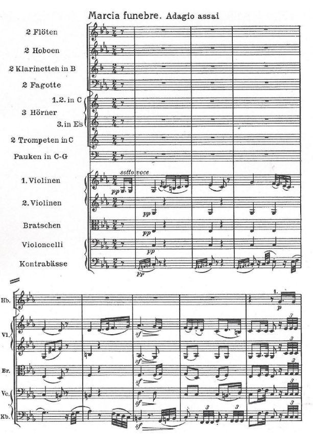 Początek partytury II części III Symfonii Es‑dur op. 55 „Eroica” z oznaczeniem „Marcia funebre. Adagio assai”. Widoczna jest pełna obsada orkiestry, jednak pierwsze osiem taktów wykonuje wyłącznie kwintet smyczkowy. I skrzypce rozpoczynają i prowadzą temat przez osiem taktów. II skrzypce i altówki realizują akordowe wypełnienie harmoniczne. Wiolonczele i kontrabasy prowadzą linię basową stanowiącą podstawę harmoniczną. Partie instrumentów dętych pozostają w tym fragmencie puste.