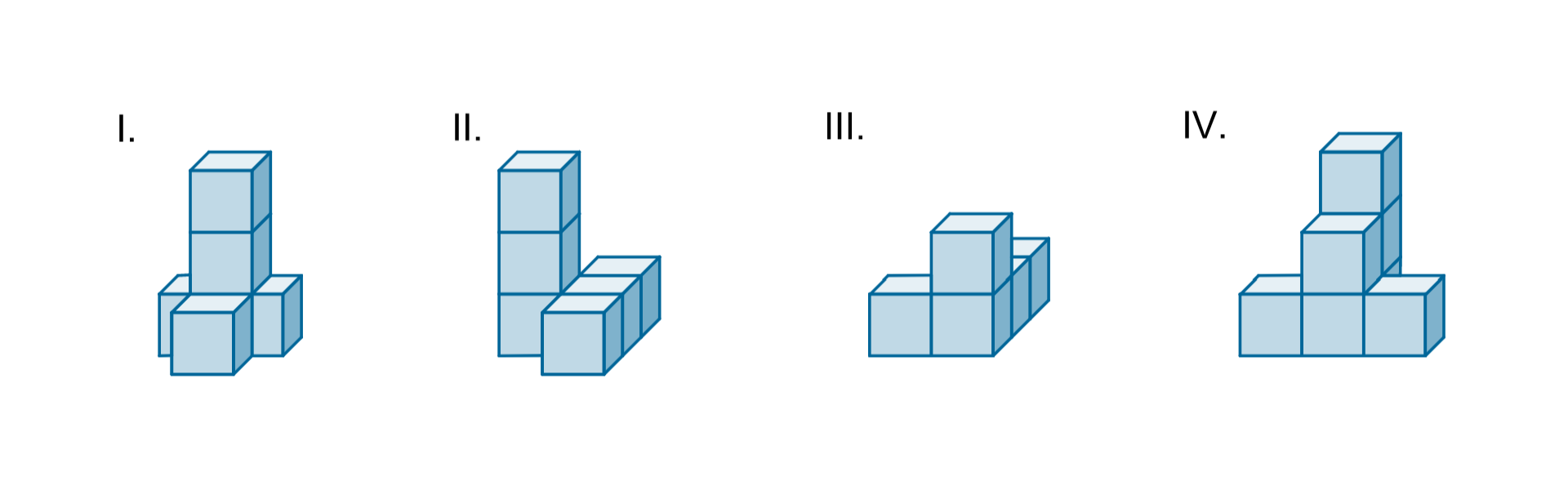 Rysunki czterech figur. Pierwsza figura zbudowana z pięciu jednakowych sześcianów. Druga figura zbudowana z sześciu jednakowych sześcianów. Trzecia figura zbudowana z pięciu jednakowych sześcianów. Czwarta figura zbudowana z siedmiu jednakowych sześcianów.