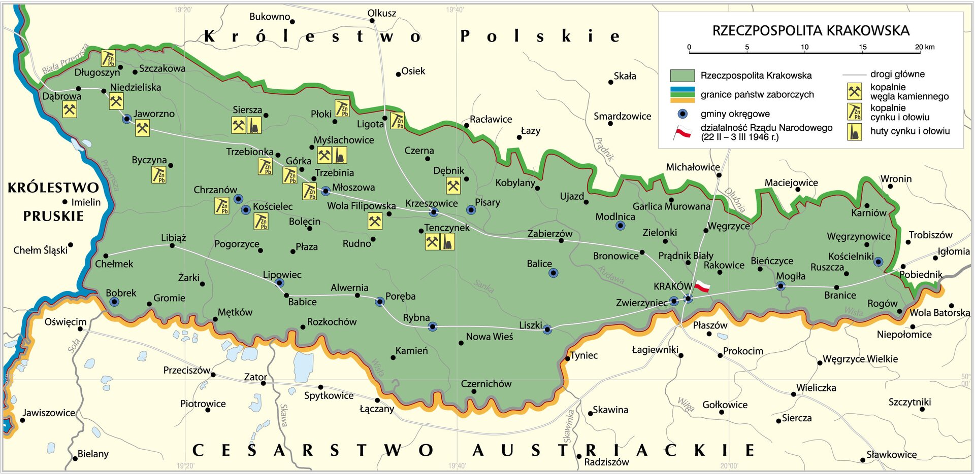 Kliknij żeby powiększyć Na mapie Rzeczpospolita Krakowska z zaznaczonymi Hutami cynku i ołowiu, kopalniami tych surowców oraz kopalniami węgla kamiennego.