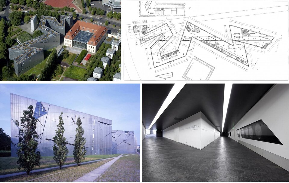 Ilustracja o kształcie prostokąta przedstawia trzy zdjęcia i schemat Muzeum Żydowskiego Daniela Libeskinda. Pierwsza ukazuje widok z lotu ptaka na muzeum i barokowy budynek oraz okoliczną zabudowę. Muzeum wyróżnia się szarym kolorem różnych obiektów. Drugą ilustracją w głównych częściach jest plan budowli. Schemat ukazuje kształt rzutu, oparty na zygzakowatej linii o nieregularnym kształcie. Trzecia ilustracja jest fotografią fasady budowli. Efekt połyskliwej, metalicznej powierzchni muzeum tworzy blacha cynkowa. Elewacje budynku poprzecinane są nieregularnymi szczelinami okien. Przed położeniem się są smukłe drzewa. Ostatnia fotografia ukazuje perspektywy ujęcia wnętrza obiektu, oparte na prostych konstrukcjach ścian i współczesnych rozwiązaniach ciemnych sufitów.