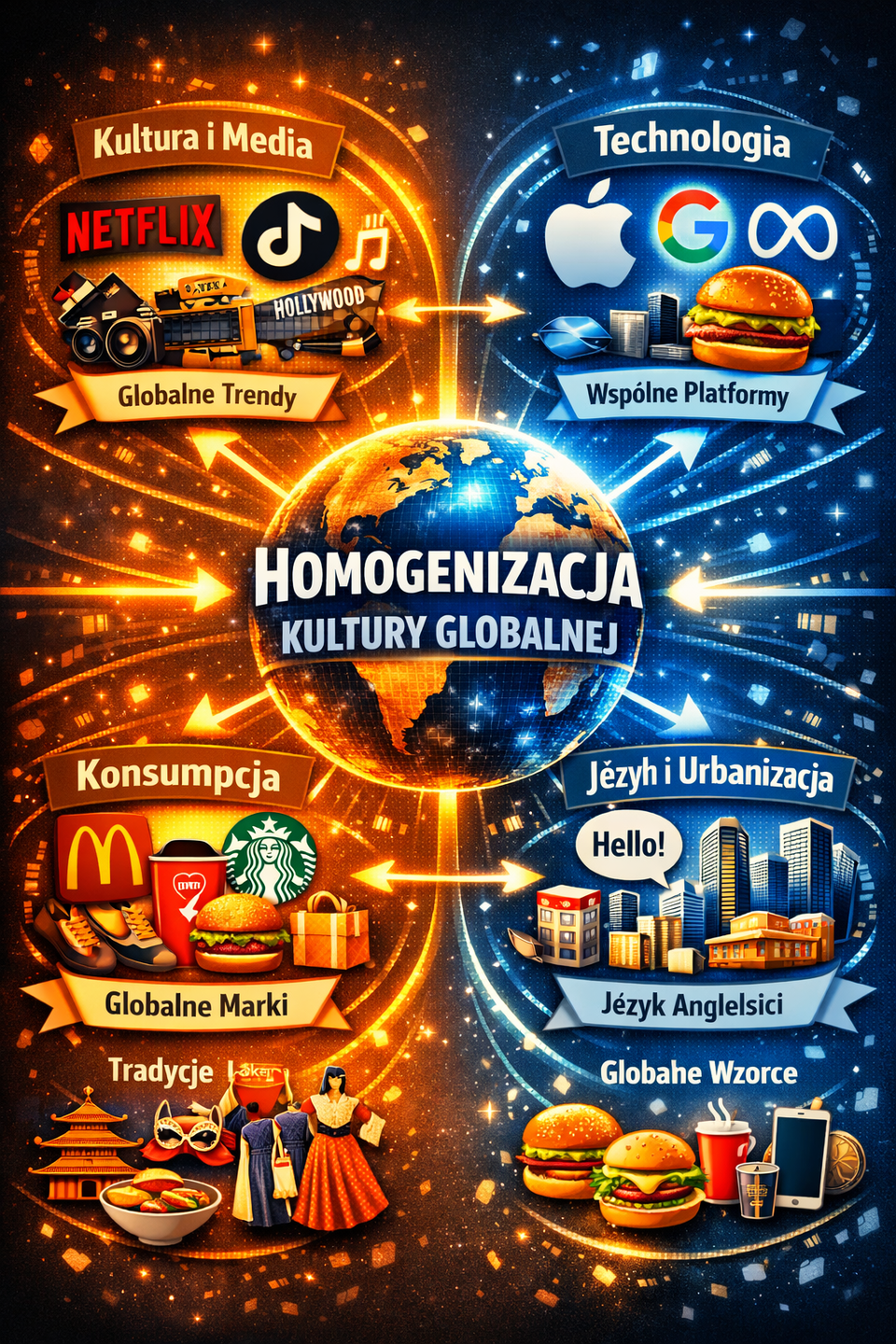 Grafika przedstawia proces homogenizacji kultury globalnej – ujednolicania stylu życia, konsumpcji i komunikacji na świecie. W centrum znajduje się ziemia z napisem „Homogenizacja kultury globalnej”, otoczona czterema obszarami:
Kultura i media – symbole Netflixa, TikToka, Hollywood, muzyki; podpis „Globalne trendy”.
Technologia – logotypy
Apple, Google, Meta; podpis „Wspólne platformy”.
Konsumpcja – McDonald’s, Starbucks, odzieżowe marki; podpis „Globalne marki”.
Język i urbanizacja – napis „Hello!”, nowoczesne wieżowce i centra handlowe; podpis „Język angielski” i „Podobne miasta”.
Po lewej stronie widoczne są tradycje lokalne (stroje, kuchnia, architektura), a po prawej globalne wzorce (fast food, smartfon, zakupy).
Grafika ma dynamiczny, nowoczesny styl z błękitno‑pomarańczową kolorystyką i siecią połączeń symbolizującą globalne zależności.