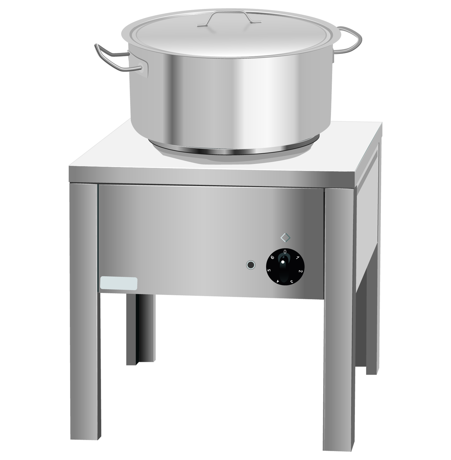 Ilustracja przedstawia taboret grzewczy, przypominający kształtem masywny stół. We frontowej części taboretu znajduje się czarne pokrętło. Na urządzeniu jest czarna, okrągła płyta grzewcza. Całe urządzenie jest szare. Na taborecie ustawiony jest stalowy garnek z dwoma poziomymi uchami oraz ze stalową pokrywką z pionowym uchem pośrodku. 
