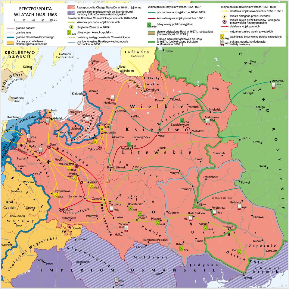 Mapa przedstawia Rzeczpospolitą w latach 1648‑1668. Rzeczpospolita Obojga Narodów w 1648 i jej lenna obejmowały tereny takie jak: Wielkopolska, Mazowsze, Małopolska, Ruś Czerwona, Prusy Książęce, Kurlandia, Inflanty Polskie, Białoruś, Wołyń, Podole, Ukraina, Zaporoże.
Mapa przedstawia pochód wojsk szwedzkich; atak z terenów Inflant i Pomorza Zachodniego; zajęcie Litwy, Wielkopolski i Małopolski; zaznaczone są miejsca najważniejszych wydarzeń: Kiejdany (podporzadkowanie Litwy Szwecji przez hetmana wielkiego litewskiego Janusza Radziwiłła), Ujście (uznanie przez szlachtę wielkopolską Karola Gustawa za polskiego władcę), Jasna Góra (obrona klasztoru przed wojskami szwedzkimi); zaznaczono bitwy pod Warszawą, pod Gołębiem, nad Warką.