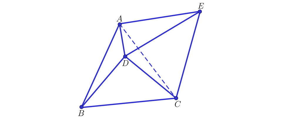 Ilustracja przedstawia sześciościan A B C D E powstały przez złączenie dwóch czworościanów foremnych. 