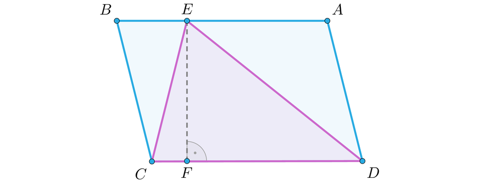 Ilustracja przedstawia równoległobok ABCD. Zaznaczono na nim wysokość EF. Z wierzchołków C i D poprowadzono prostą do punktu E. Utworzono trójkąt CED.