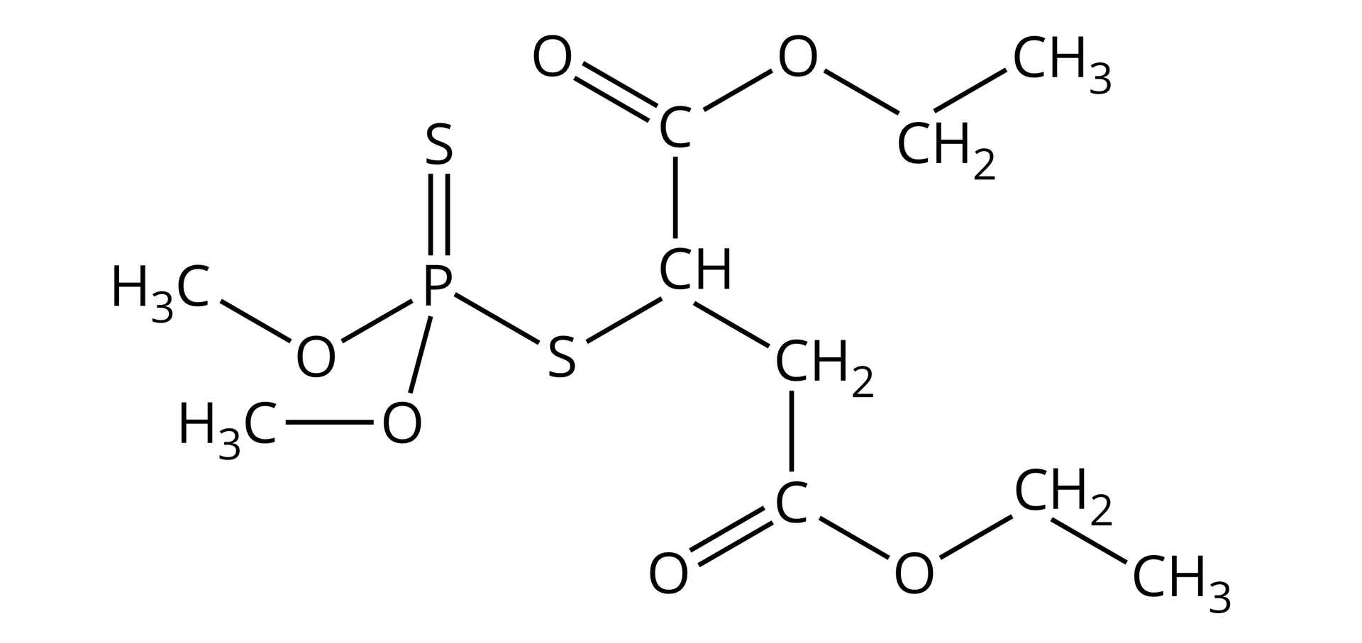 Ilustracja przedstawia wzór malationu. W strukturze związku obecne są atomy wodoru, węgla, tlenu, siarki i fosforu, ponadto występują wiązania estrowe.