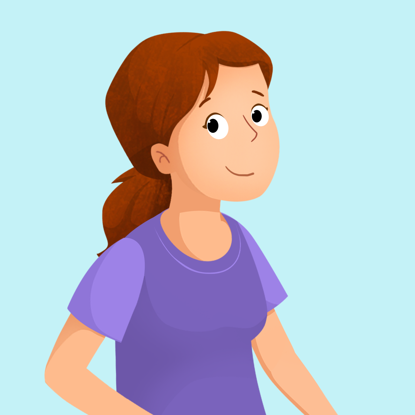 Ilustracja przedstawia mamę. Ma długie brązowe, związane w kucyk włosy.