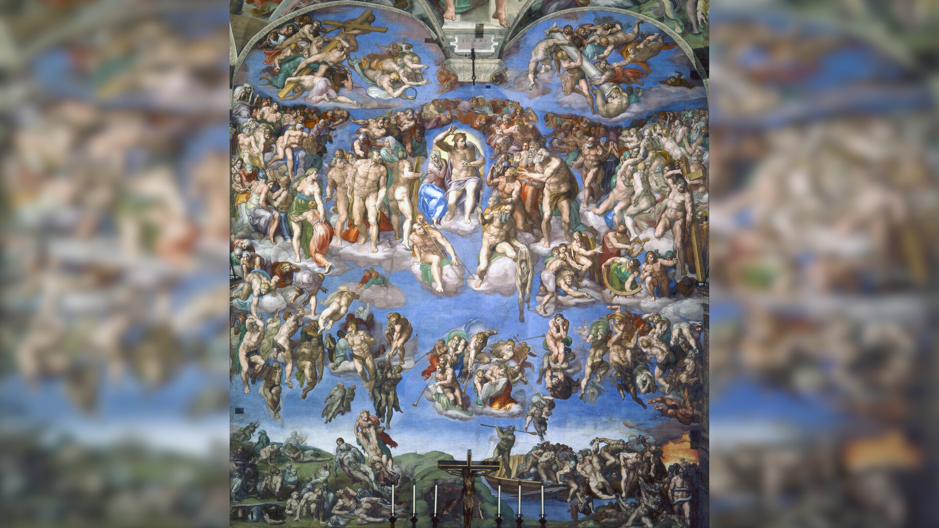 Obraz przedstawia niebo z wieloma postaciami. W centralnej części obrazu ukazany jest Chrystus w świetlistej powłoce. Otaczają go osoby zbawione oraz święci. Po jego prawicy siedzi Matka Boża. Poniżej znajduje się święty Bartłomiej męczennik trzymający swoją zdartą skórę, która jest autoportretem Michała Anioła. Po prawej siedzi święty Wawrzyniec. Poniżej znajduje się sześciu aniołów grający na trąbach budząc zmarłych z grobów. W dolnej części, po prawej stronie ukazana jest droga do piekła. Tu ciemna postać na łodzi (Charon) prowadzi ich do chaosu. Na drugim planie są tłumy ludzi zbawionych. Otaczają one Chrystusa. 