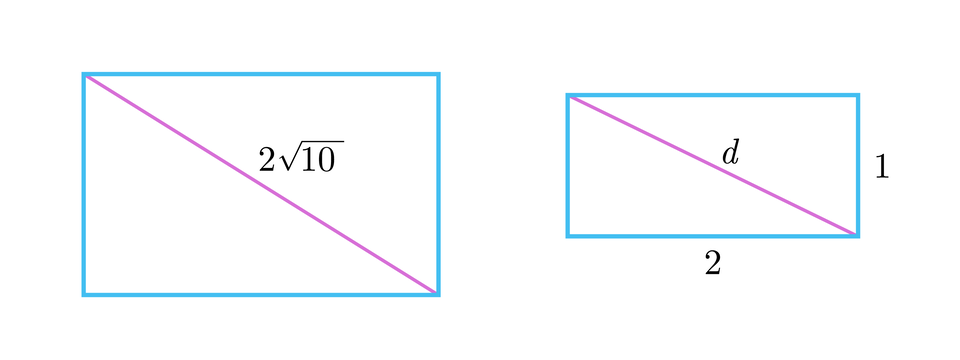 Ilustracja przedstawia dwa prostokąty. Jeden o przekątnej długości dwa pierwiastek kwadratowy z dziesięć koniec pierwiastka oraz drugi o bokach długości 2 i 1 oraz przekątnej długości d. 