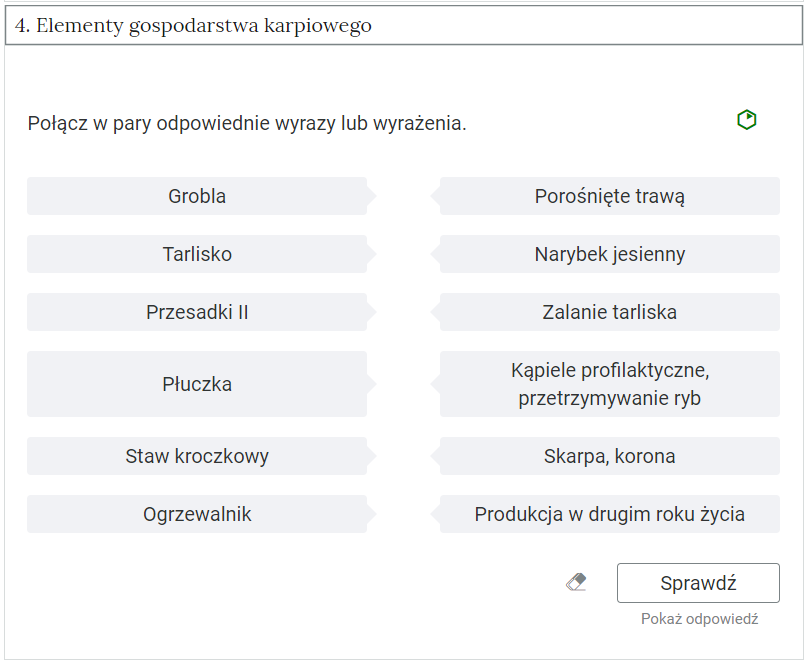 Zdjęcie przedstawia otwartą zakładkę z przykładowym zadaniem. Pod nazwą zakładki znajduje się polecenie. Pod poleceniem widać treść zadania z odpowiedziami do wyboru. Po prawej stronie polecenia widać zielony sześciokąt. Poniżej zadania, po prawej stronie panelu znajduje się ikona sprawdź. Po jej lewej stronie widać symbol gumki. Poniżej przycisku sprawdź znajduje się napis pokaż odpowiedź.