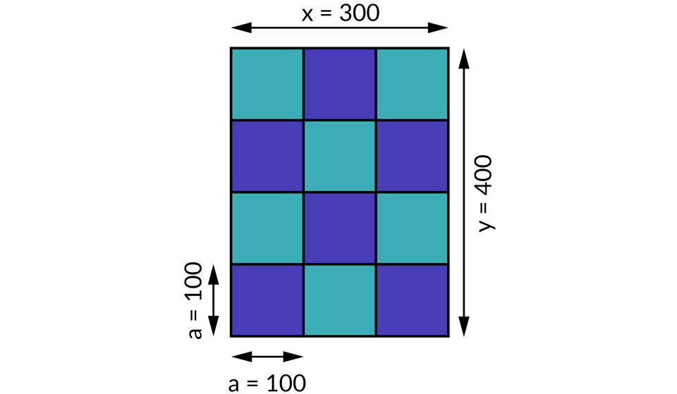 Ilustracja przedstawia podłogę o wymiarach x, równa się, trzysta i y, równa się, czterysta.  Podłoga ta stworzona jest  z pomniejszych kafelków o boku  a, równa się, sto.  Kafelki te są koloru morskiego oraz fioletowego.