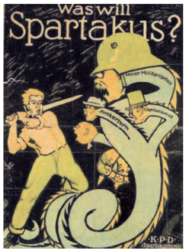 Ilustracja przedstawia plakat propagandowy. Mężczyzna o jasnych włosach trzyma miecz, którym bierze zamach. Jego przeciwnikiem jest hydra o czterech głowach i długim ogonie z kolcami. Jedna z głów ma hełm, dwie mają kapelusze a jedna jest łysa.