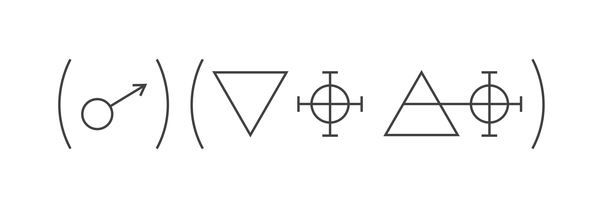 Ilustracja przedstawia osiemnastowieczny zapis reakcji chemicznej na przykładzie reakcji żelaza z kwasem azotowym. Wykorzystuje on symbole zamknięte w nawiasach ułożonych obok siebie. Z lewej strony, w nawiasie, znajduje się symbol planety Mars – okrąg z wychodzącą z niego strzałką skierowaną na ukos w prawo. Tuż obok, w drugim nawiasie, zapis symboliczny składa się, licząc od lewej, z odwróconego trójkąta, symbolu przypominającego krzyż celtycki oraz zwykłego trójkąta po którym następuje kolejny krzyż celtycki, ale z ramieniem przecinającym trójkąt poziomo w połowie jego wysokości.
