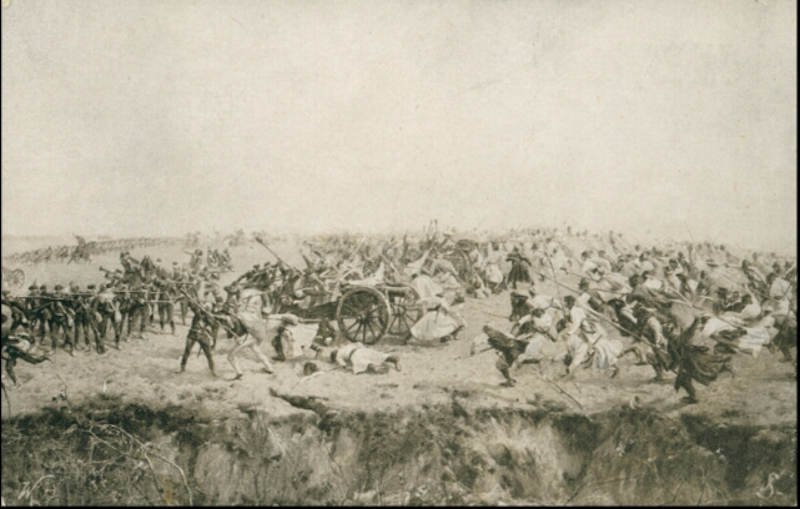 Ilustracja przedstawia bitwę pod Racławicami. Perspektywa uchwycona jest z boku, jakby widz był obserwatorem zdarzenia. Tłum wyraźnie pędzi z prawej strony na lewą. Podążają wszyscy piesi, konno, z armatami. 