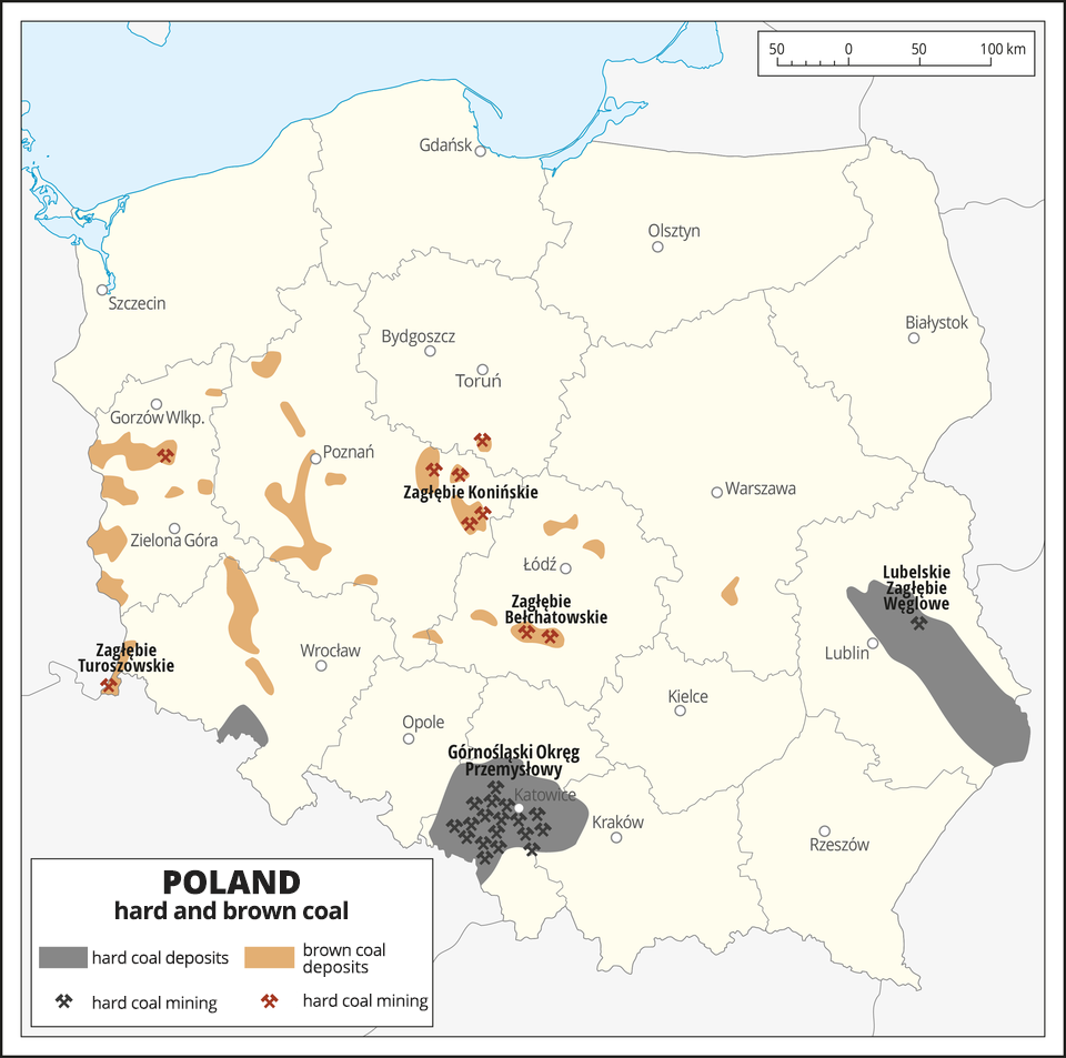 Mapa występowania w Polsce złóż twardego i brązowego węgla, hard and brown coal. Na mapie oznaczone są również kopalnie węgla, hard coal mining. Hard coal deposits występują w Lubelskim Zagłębiu Węglowym na wschodzie Polski, w Górnośląskim Okręgu Przemysłowym na południu Polski.  Brown coal deposits występują na obszarach wokół miast Gorzów Wielkopolski i Zielona Góra, na zachodzie Polski. Koło Poznania, w Zagłębiu Konińskim oraz Zagłębiu Bełchatowskim. Na mapie oznaczone są również kopalnie węgla, hard coal mining. 