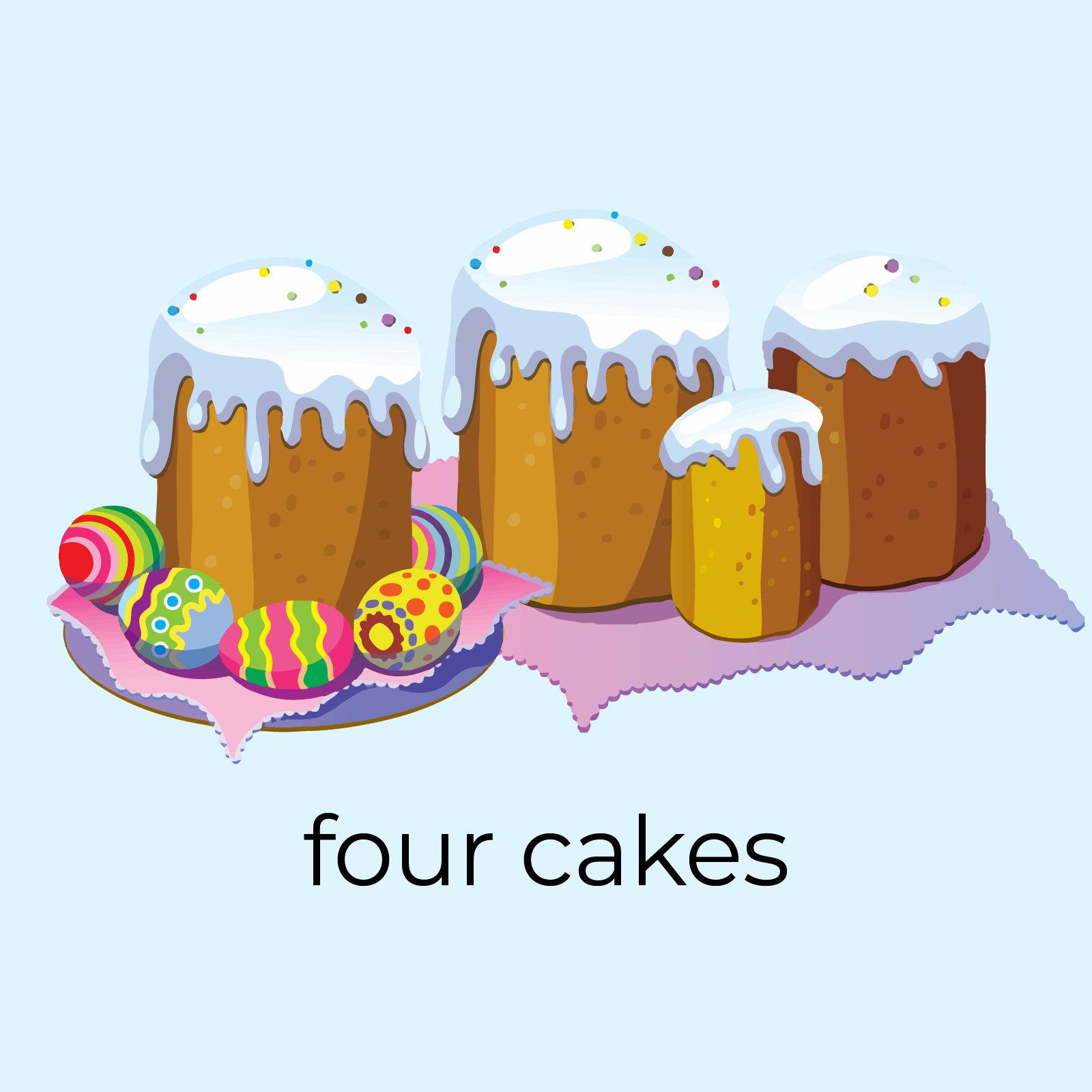 Ilustracja przedstawia cztery ciasta pokryte lukrem, oraz kolorowa posypką. Pierwsze ciasto od lewej stoi na talerzyku i serwetce. Wokół ciasta rozłożonych jest pięć pisanek. Pozostałe trzy ciasta stoją obok talerzyka na serwetce. Jedno z ciast jest mniejsze oraz bez posypki. Pod ciastami widnieje napis: four cakes.