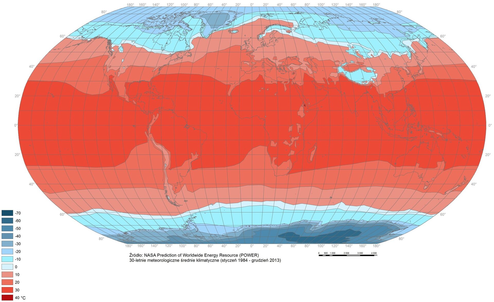 Grafika przedstawia rozkład średniej rocznej temperatury powietrza na Ziemi. Na schemacie Kuli Ziemskiej zaznaczono kolorami poszczególne średnie temperatury. Najwyższe temperatury (około 40 stopni) są w okolicy równikowej. Im bardziej na północ lub na południe tym temperatury są niższe. Na biegunie południowym mogą dochodzić nawet do minus siedemdziesięciu stopni.