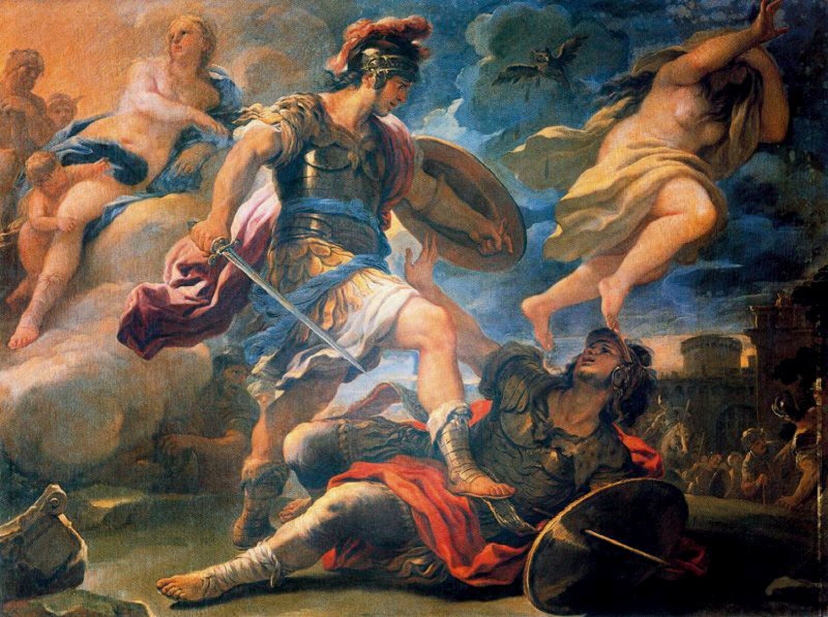 Ilustracja przedstawia obraz „Eneasz pokonuje Turnusa”, którego autorem jest Luca Giordano. Na środku obrazu znajduje się umięśniony mężczyzna. Ubrany jest w krótką, złotą zbroję, która przepasana jest niebiesko- czerwoną szatą. Na głowie ma ciemny hełm z czerwonym pióropuszem. W lewej dłoni trzyma okrągłą tarczę, a w prawej srebrny miecz. Na nogach ma srebrne sandały nad kostkę. Jego lewa noga spoczywa na ziemi, a prawą dociska leżącego mężczyznę. Mężczyzna ten również ma złotą zbroję i czerwoną narzutę. Na głowie ma ciemny hełm, a na nogach białe sandały nad kostkę. W lewej dłoni trzyma okrągłą tarczę, a prawą unosi do góry. Nad nim jest półnaga postać z ciemnymi, długimi włosami. Przez uda i ramię ma przerzucona białą szatę. Prawą rękę wyciąga do przodu, a lewą zasłania twarz. Z lewej strony obrazu, na białych głazach siedzi półnaga postać. Przesłania ją niebieska szata. Przy jej nogach jest postać nagiego dziecka o jasnych włosach. W tyle są dwie postacie. W tyle, w prawym dolnym rogu jest kilka postaci i ciemne budynki. Tło jest niewyraźne, z lewej strony żółte, a z prawej niebieskie. 